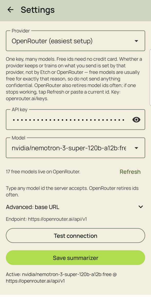 Provider settings showing OpenRouter, an API key field and a live model list