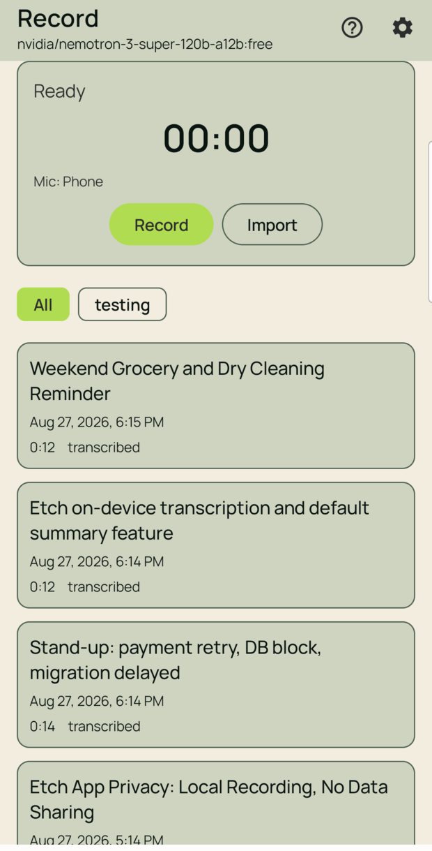 Etch home screen with a record button and a list of transcribed notes