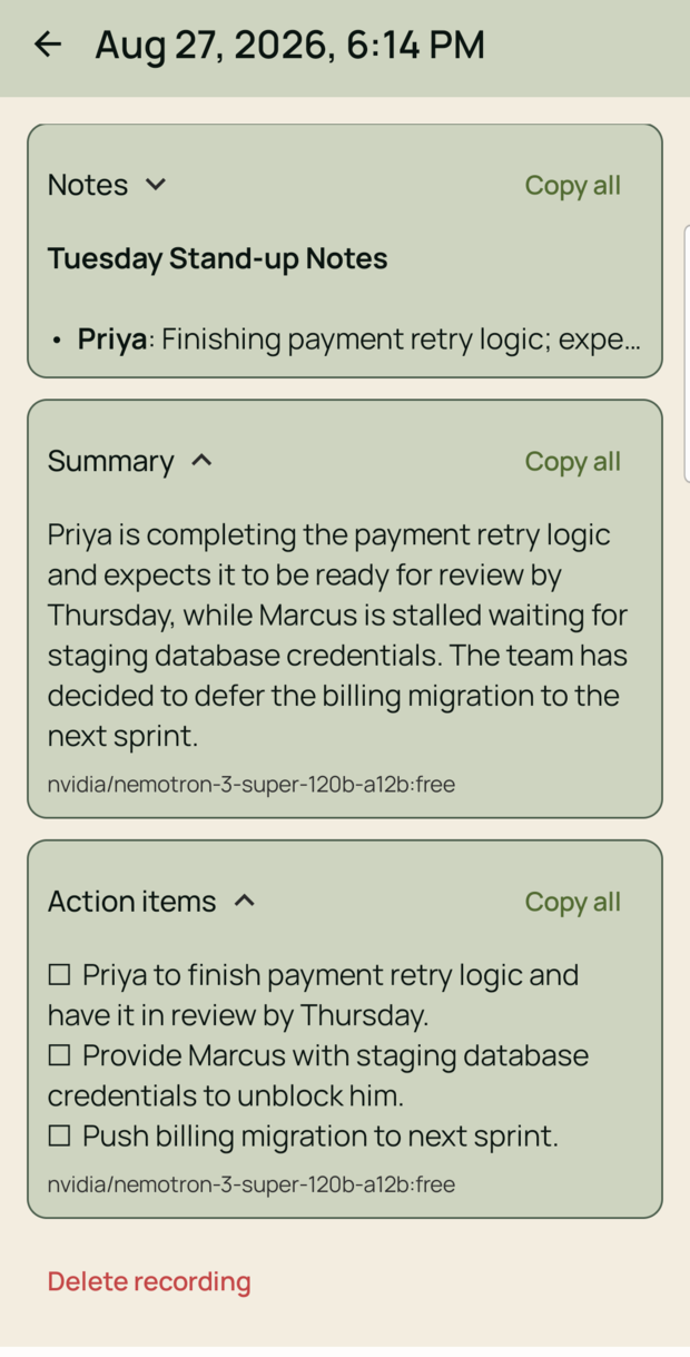 Notes, summary and action items generated from a stand-up recording